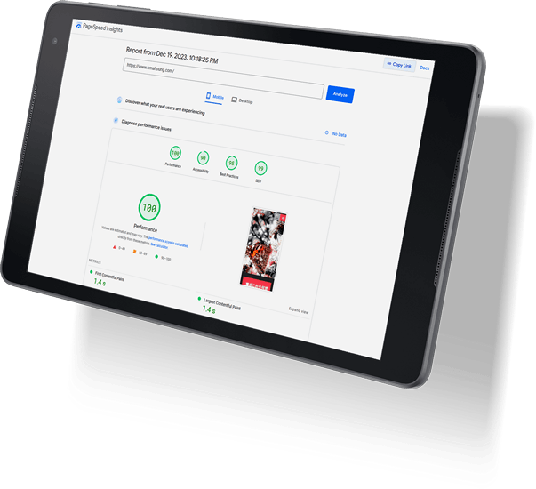 Tablet with score 100 at PageSpeed Insights mobile for Omahoung WordPress performance